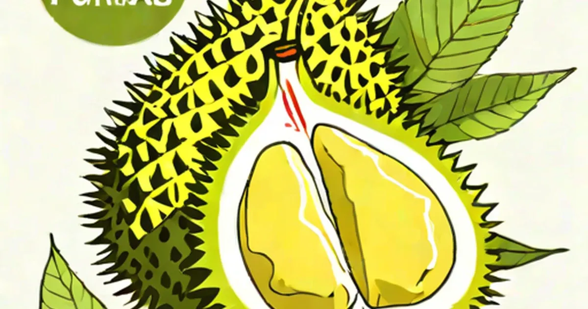 Split durian with distinctive spiky shell, pale yellow flesh visible inside