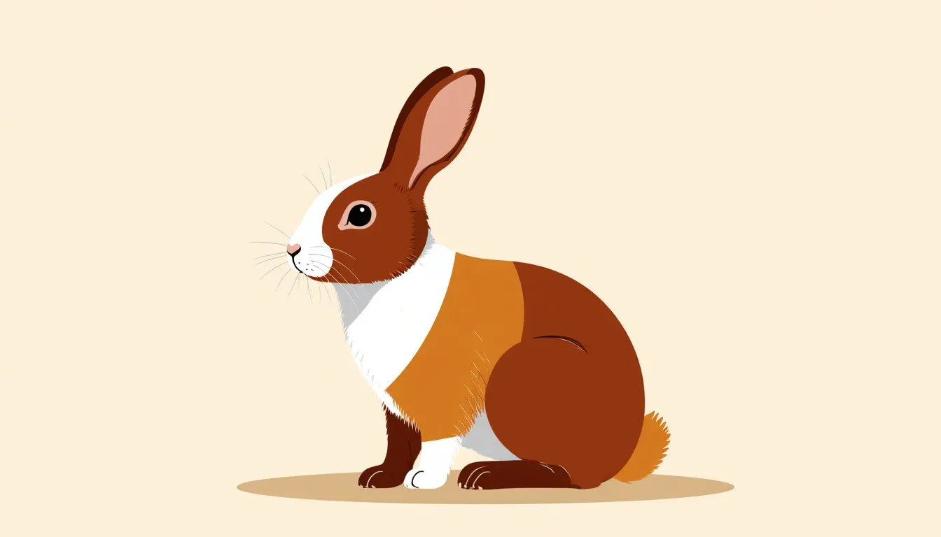 A Dutch rabbit with its characteristic white front band and solid-coloured hindquarters, sitting upright.