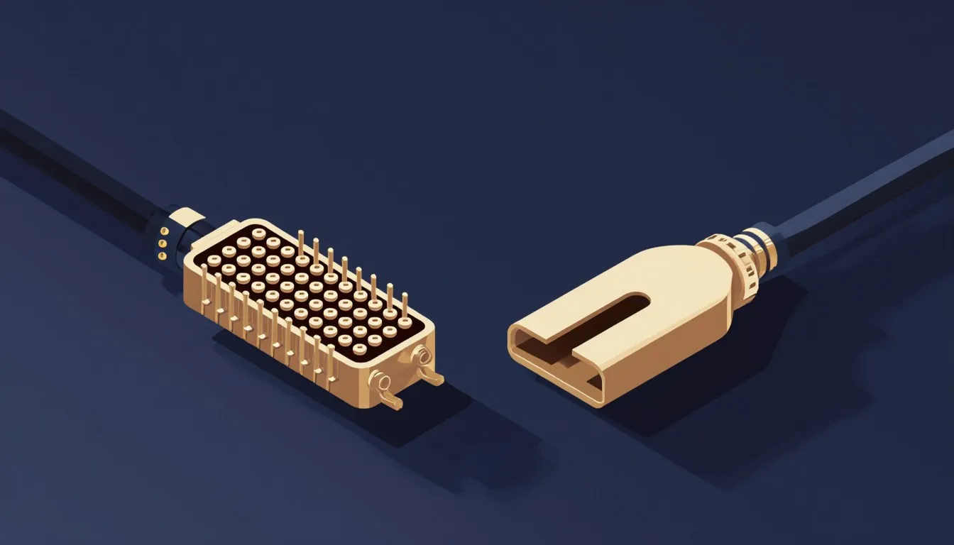 A pin-grid DVI connector and a flat trapezoid HDMI connector lying side by side, unconnected, showing their different shapes