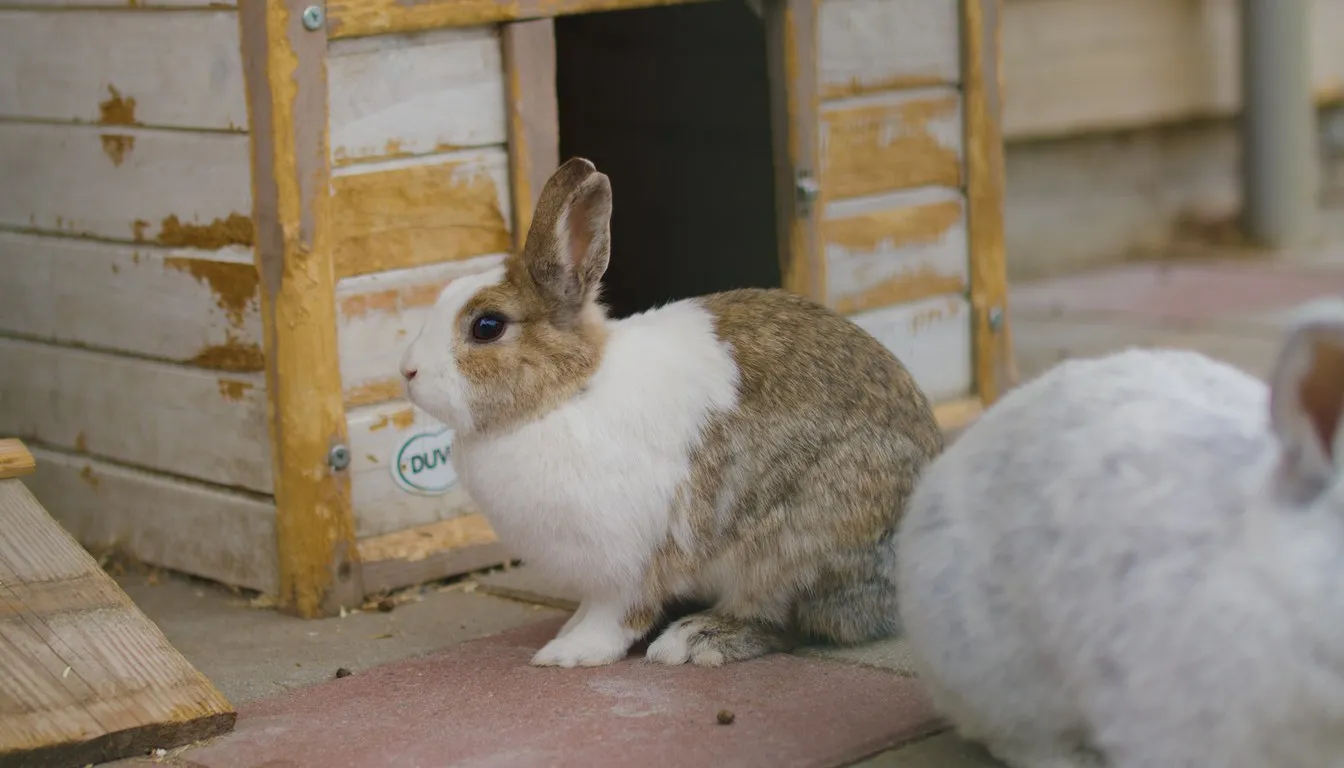 Two rabbits beside a wooden hutch