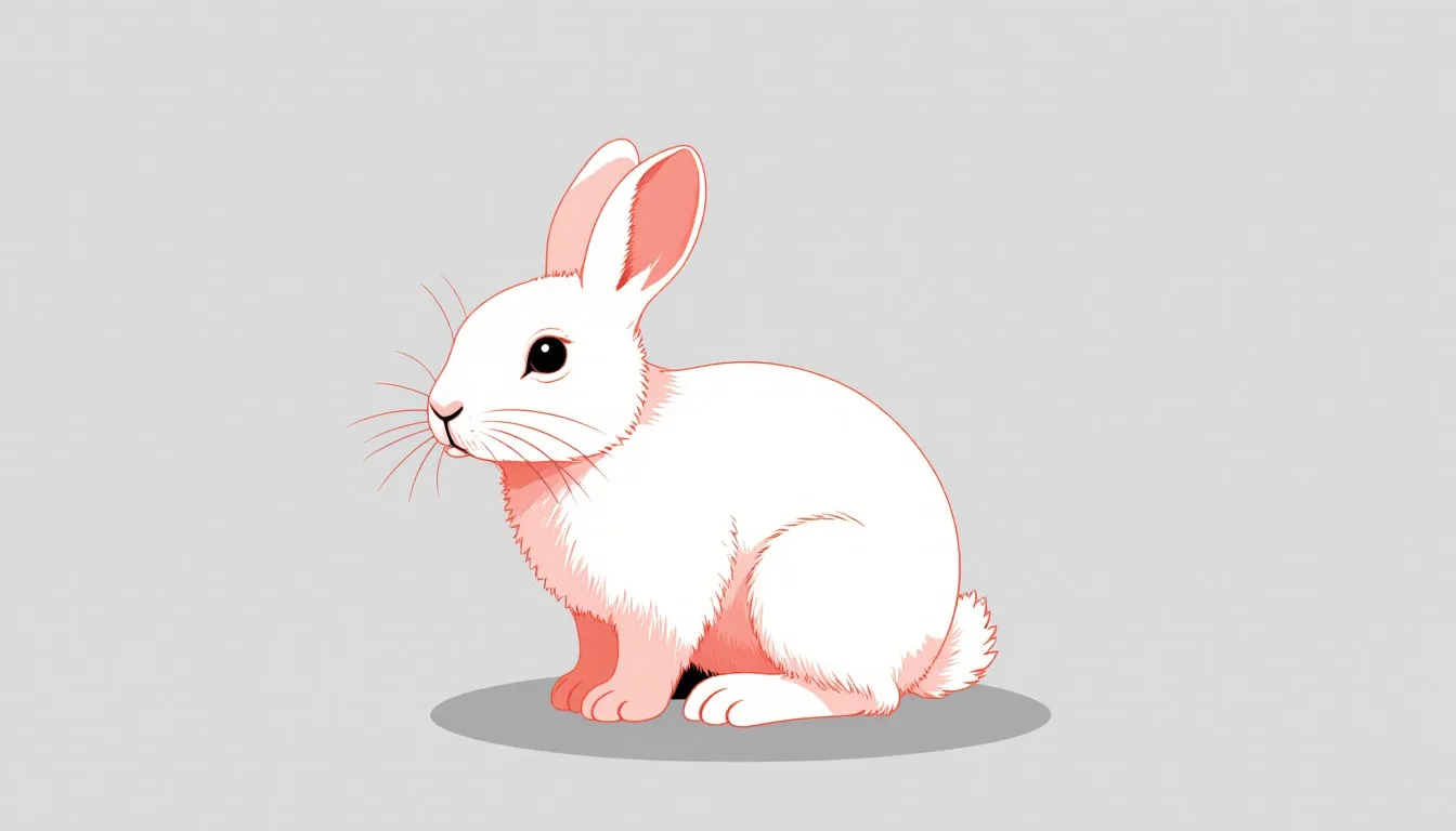 Illustration of a small dwarf rabbit sitting upright with short ears and a rounded compact body