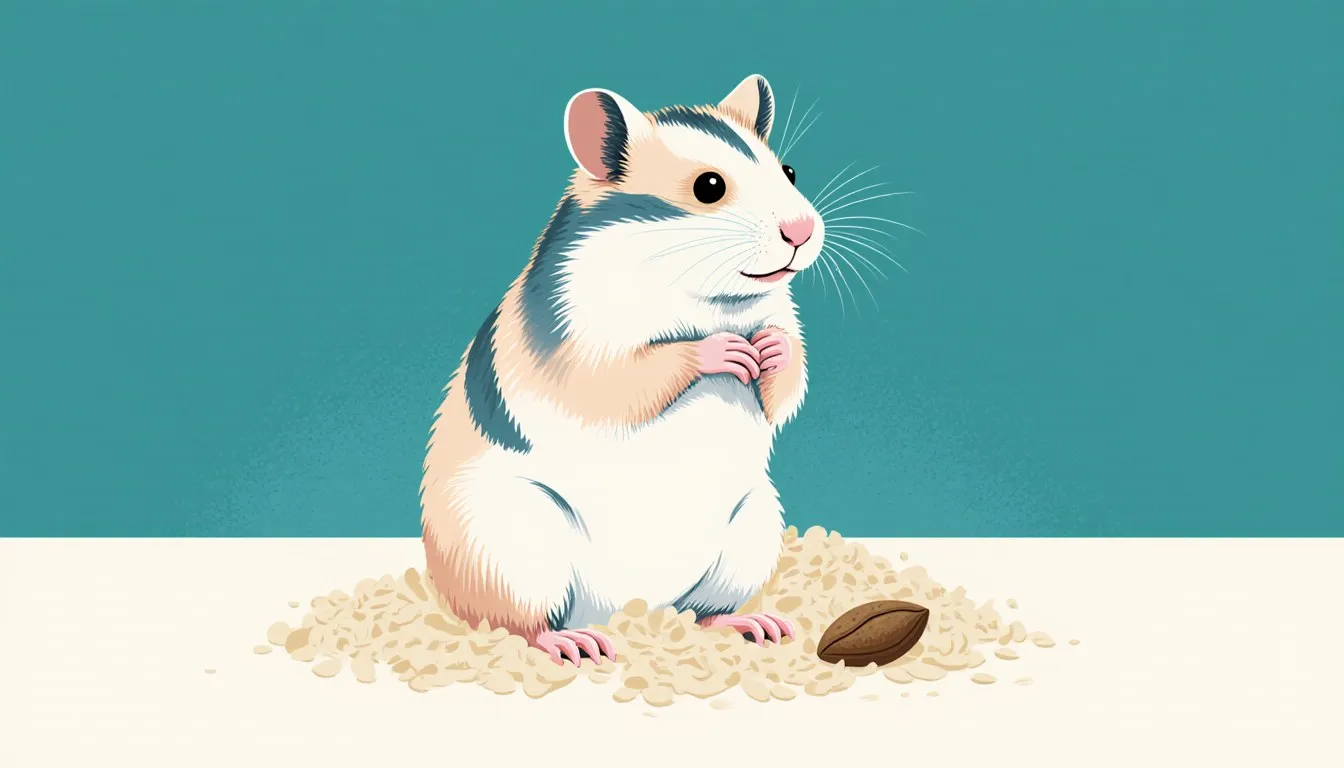 A dwarf hamster sitting upright on bedding beside a sunflower seed
