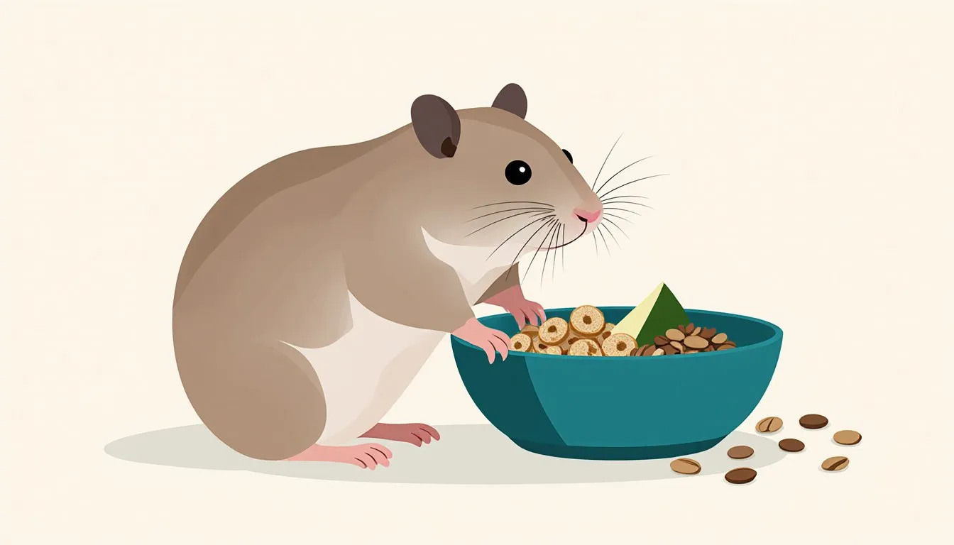 A dwarf hamster beside a dish of pellets, a vegetable slice, and mixed seeds