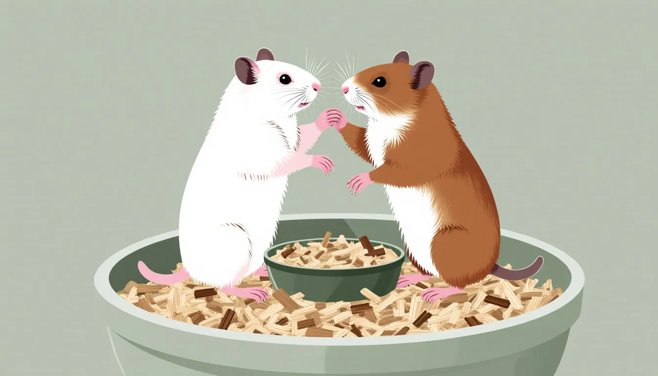 Two dwarf hamsters face off with paws raised in a wood-shaving nest, illustrating territorial fighting behavior