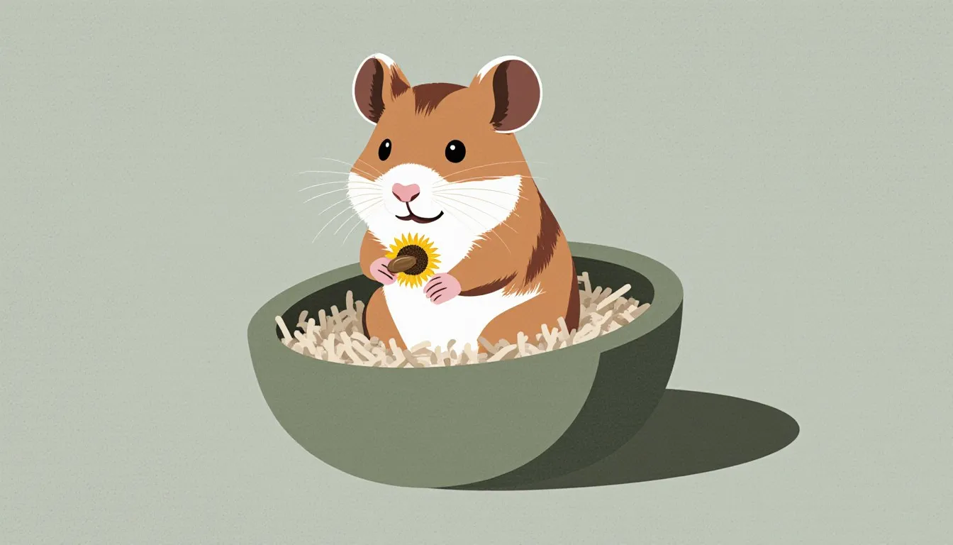 A dwarf hamster sits in a soft nest holding a sunflower seed between its paws