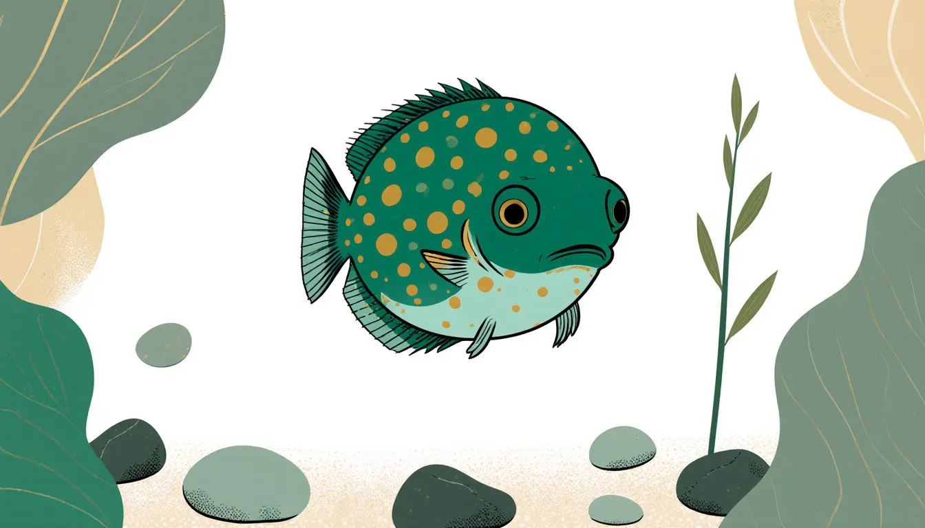 Illustration of a small round dwarf pufferfish hovering above river pebbles and an aquatic plant