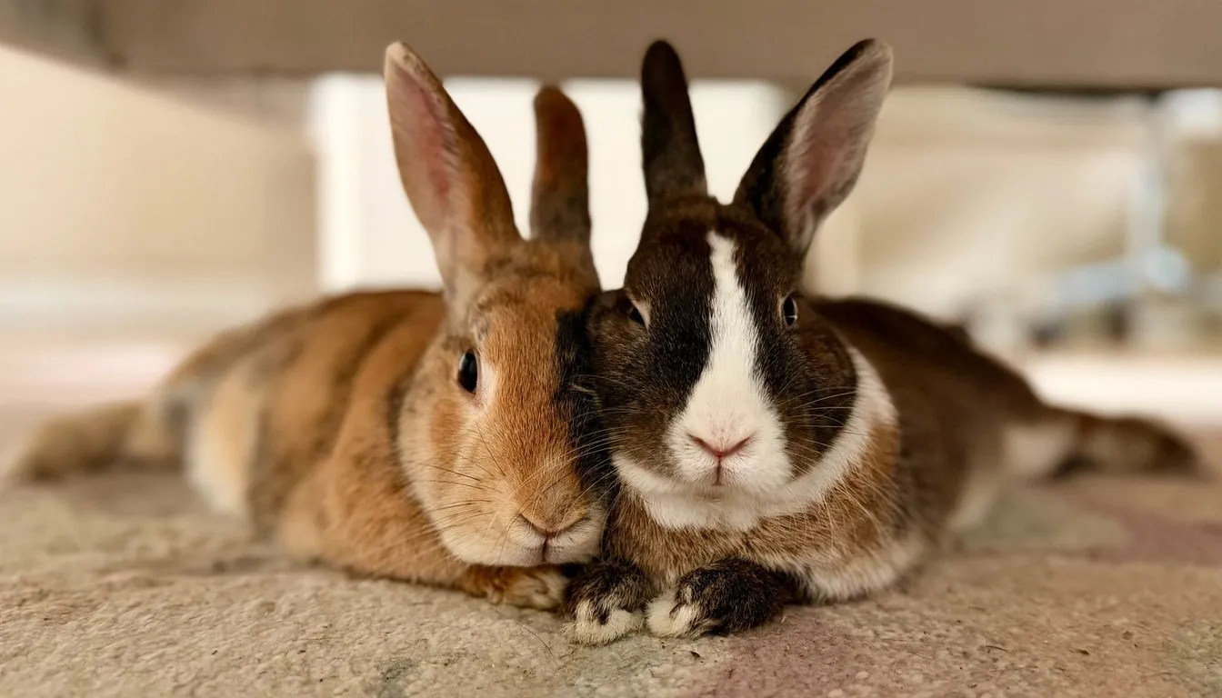 Two dwarf rabbits resting side by side indoors