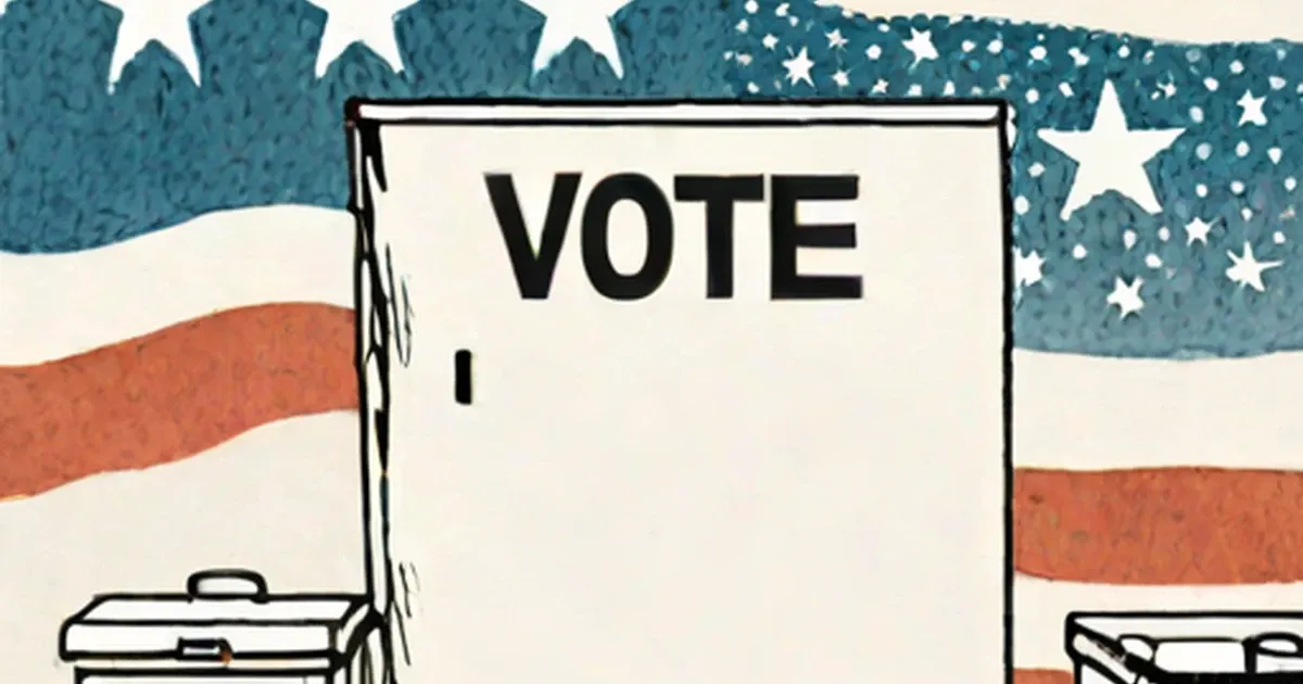 Illustrated voting booth marked ‘Vote’ with ballot box and American flag background