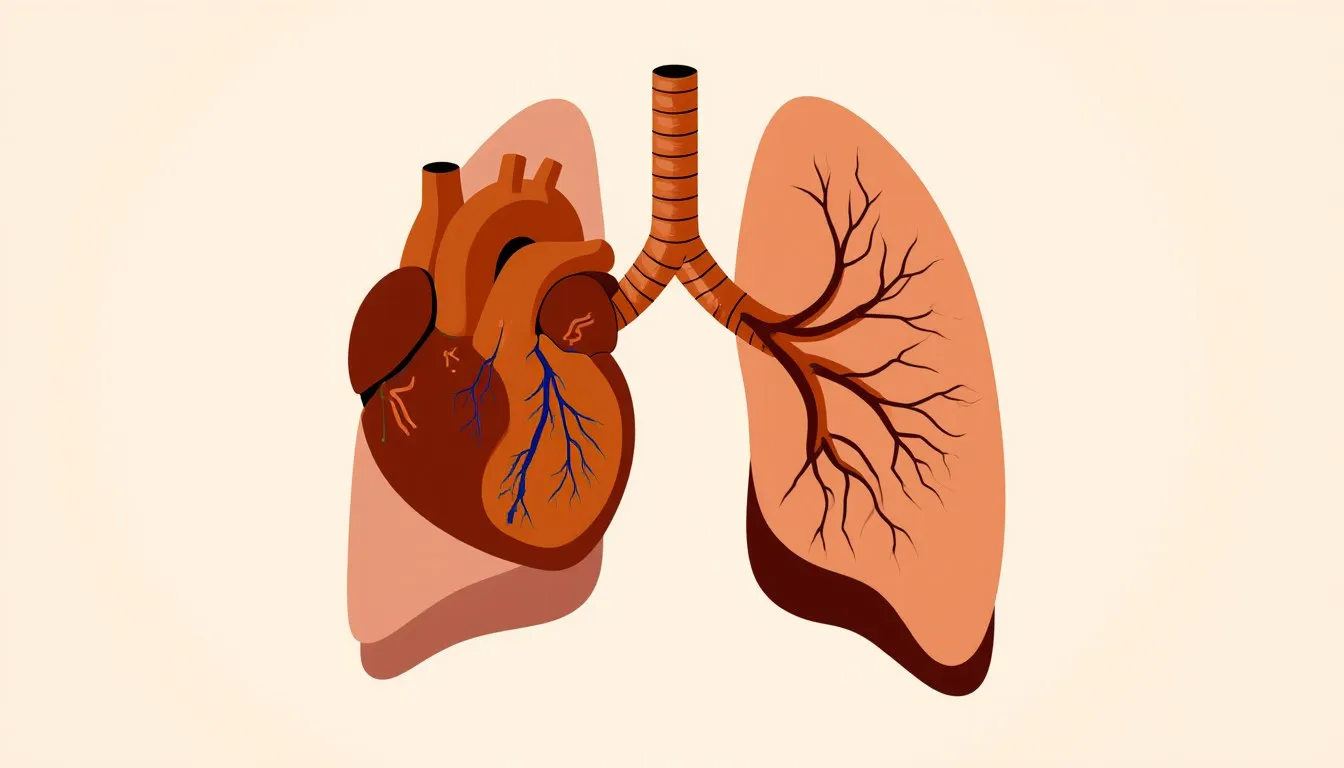 Illustration of a heart in front of the lungs and airways, the organ systems behind breathlessness during exertion
