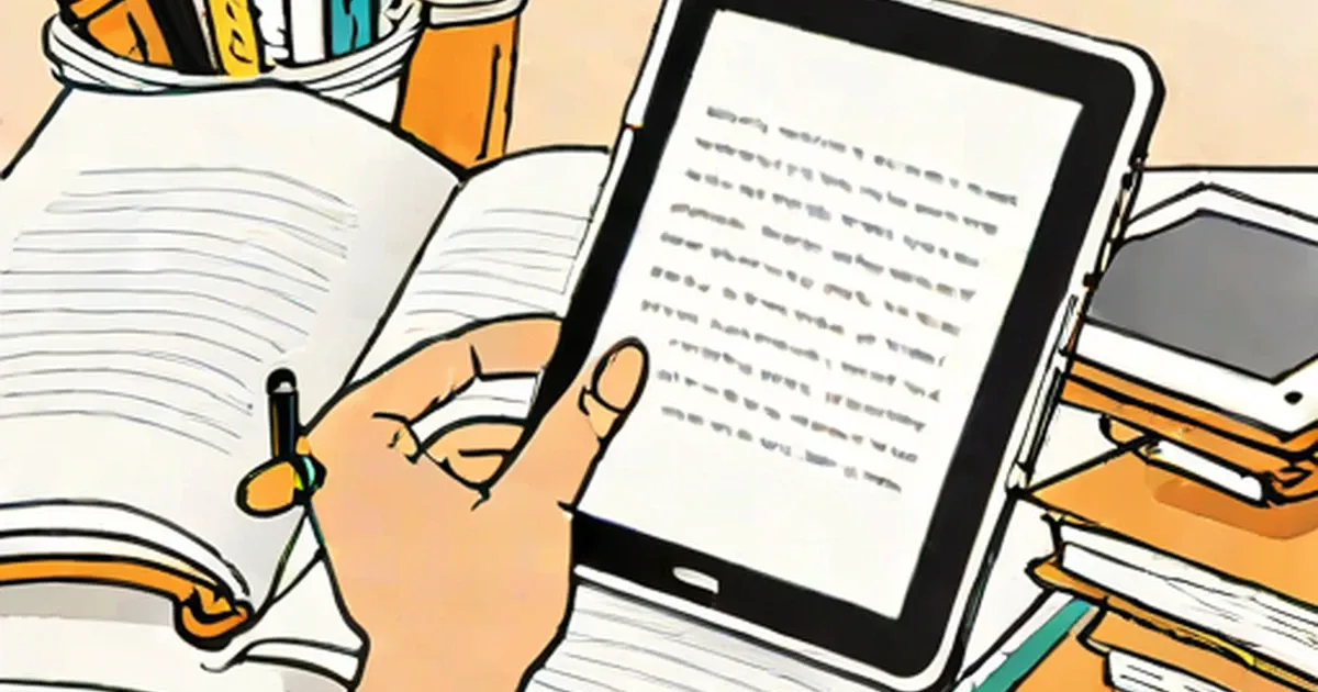 Hand holding a tablet with text displayed, surrounded by stacks of colorful books