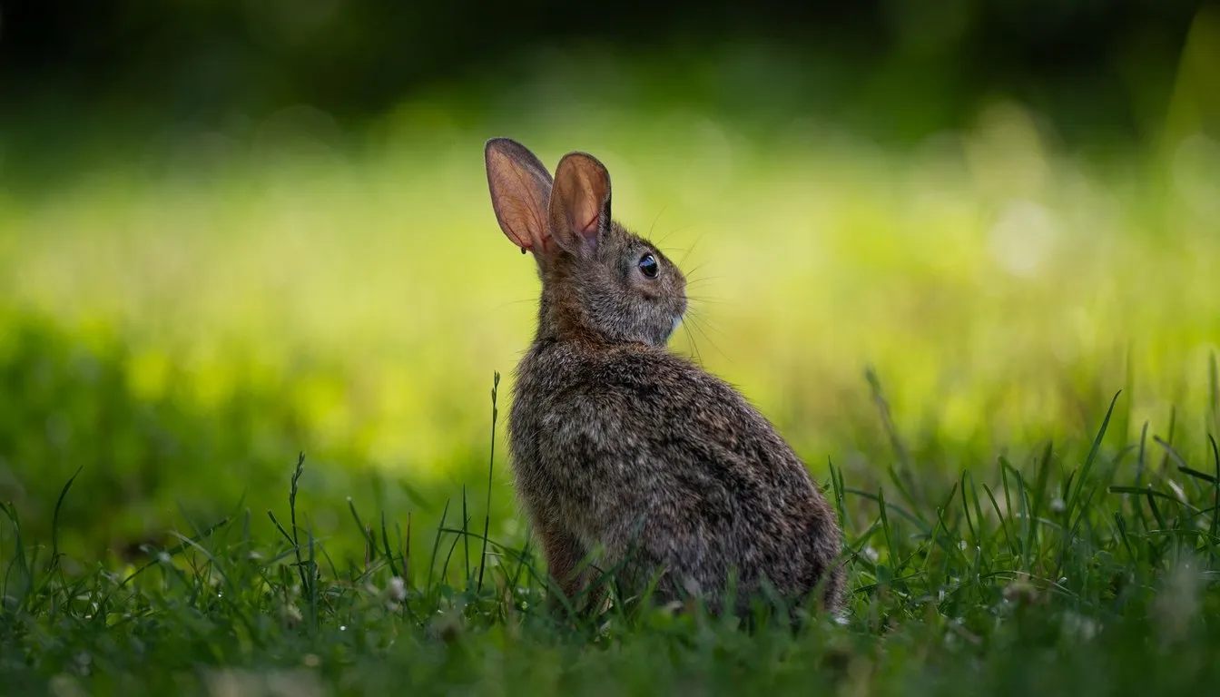 A cottontail rabbit sitting upright in grass