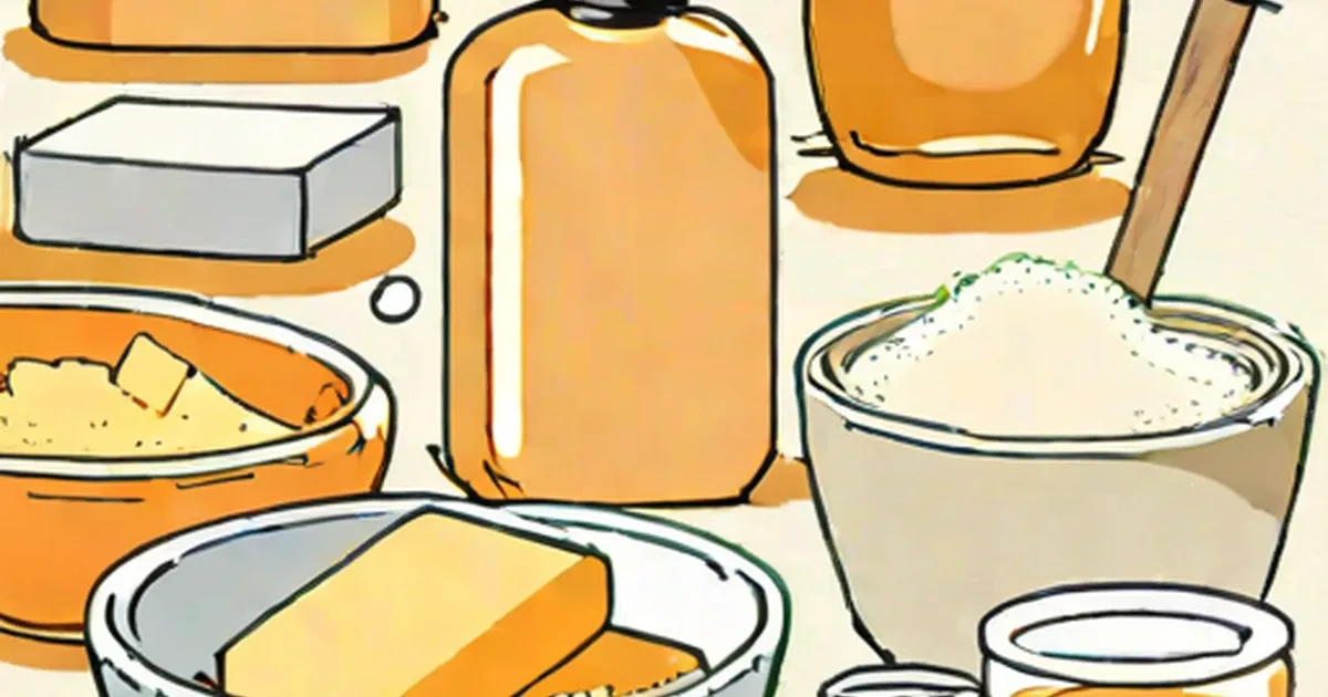Soap bar, oil bottles, and bowls of soap-making ingredients with a wooden spoon