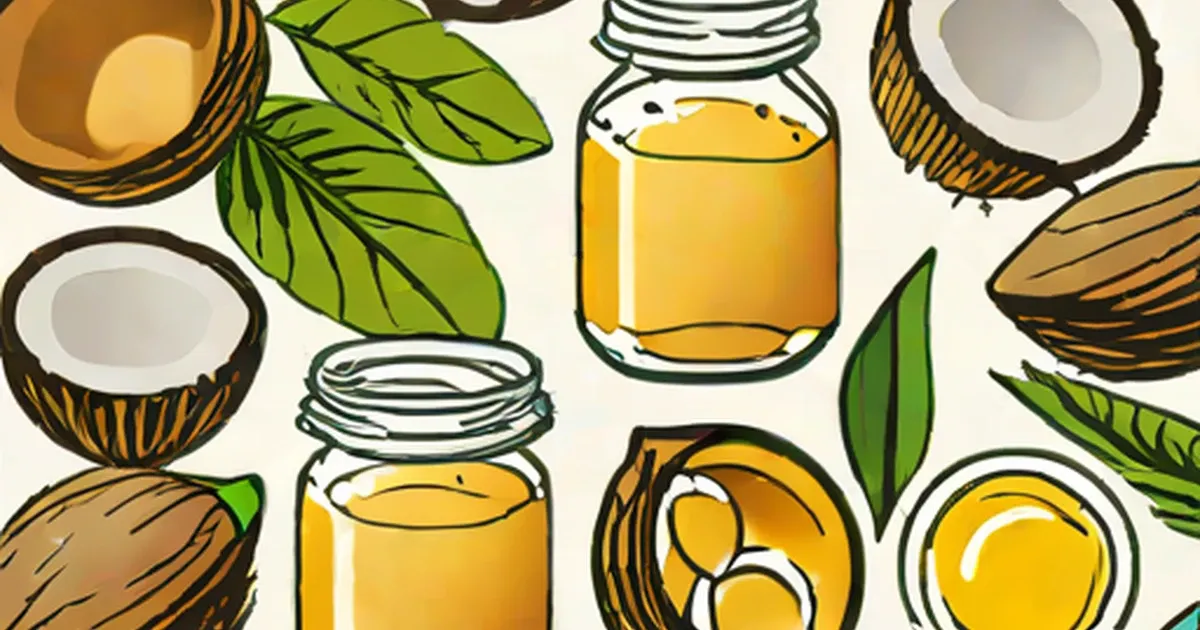 Jars of golden coconut oil with fresh coconuts and green leaves