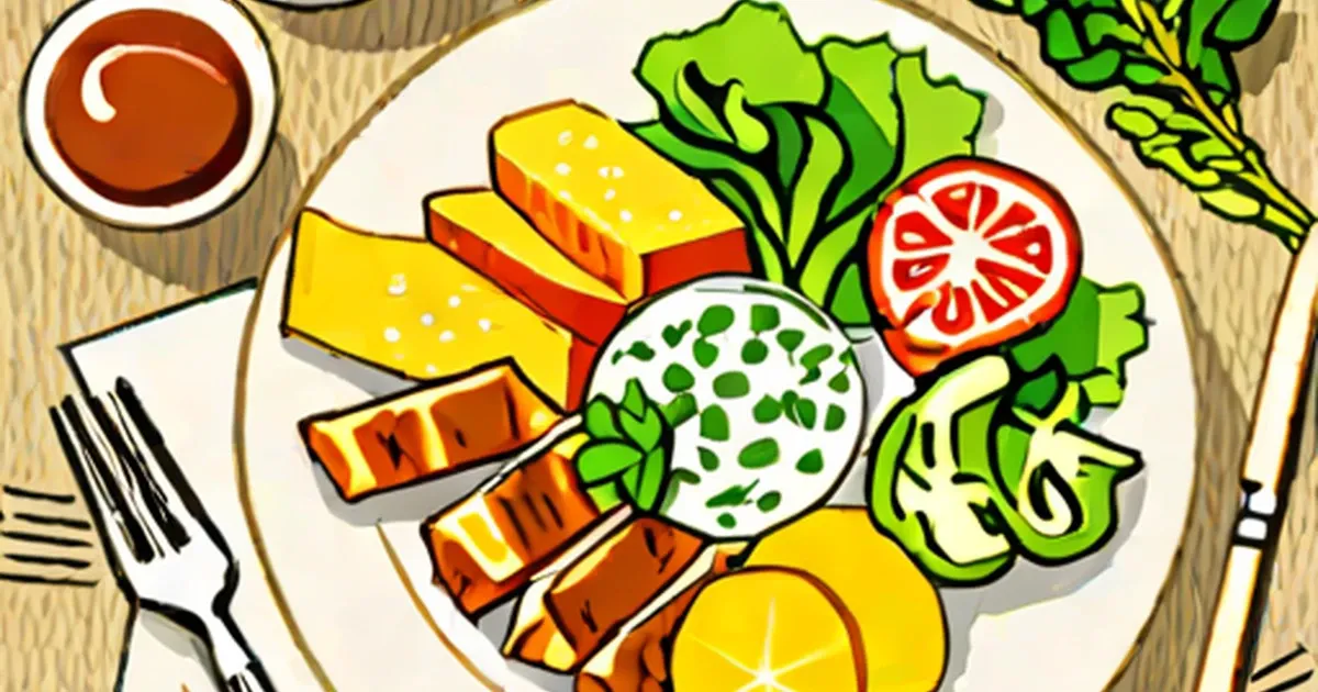 Balanced plate with grilled meat, fresh greens, cheese, and citrus on a wooden surface