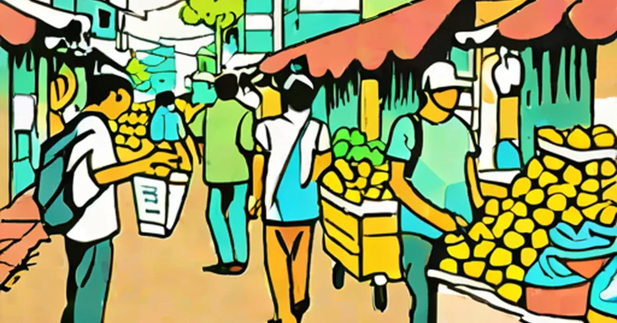 Vendors at a street market selling corn and fresh produce from multiple stalls