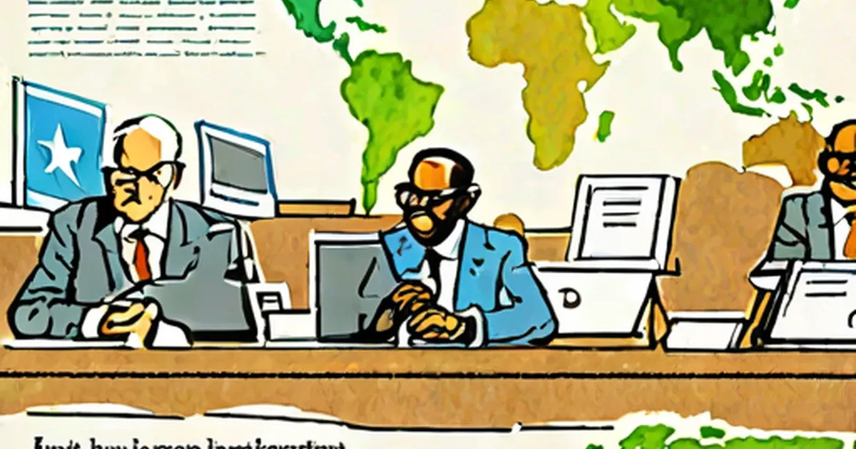 International delegates at a conference table with laptops and a world map showing Africa