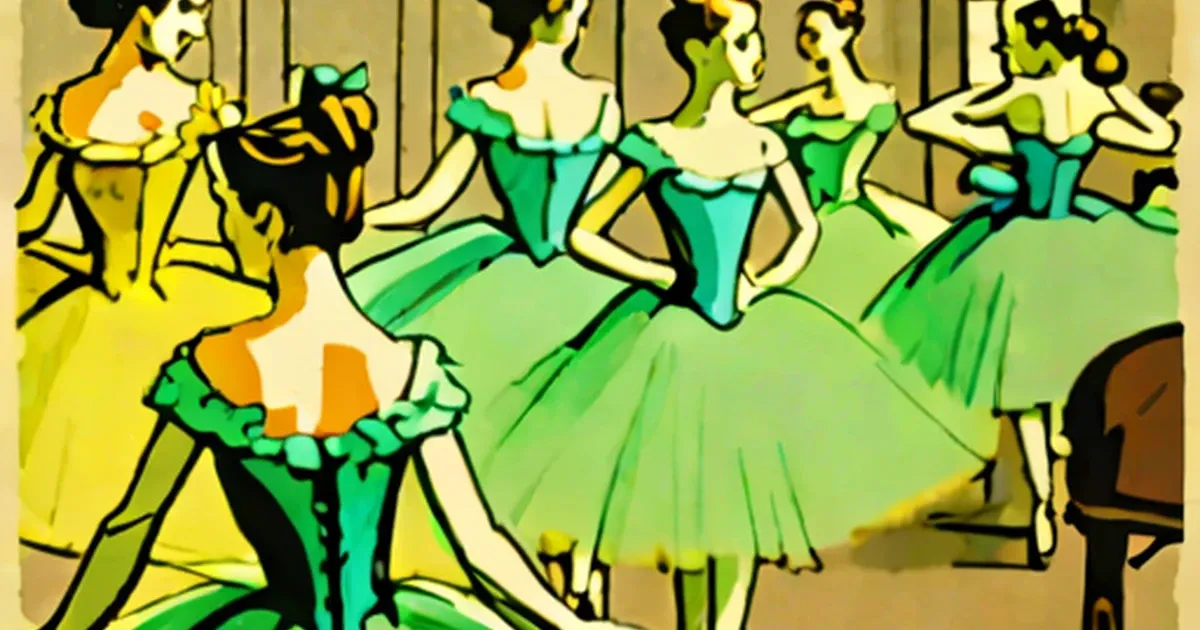 Stylized painting of ballet dancers in green and yellow tutus in a dance studio