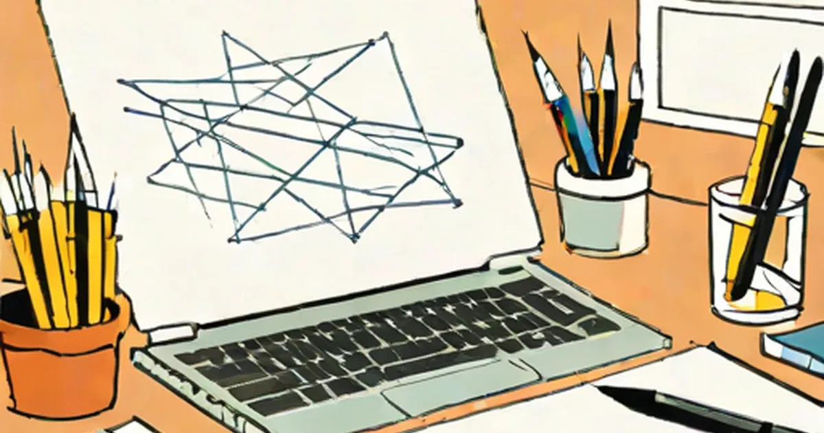 Editor’s workspace with laptop, writing tools in containers, and messy sketch notes