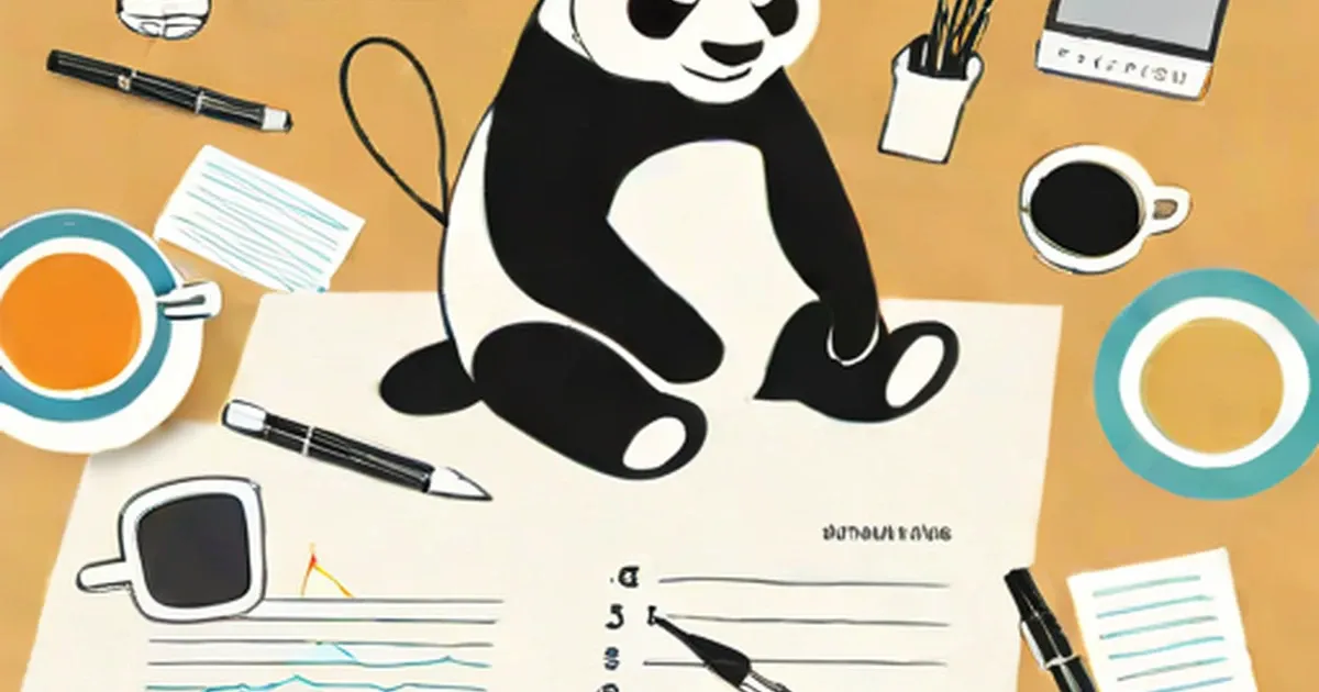 Panda at desk with papers, data charts, coffee cups, and writing tools