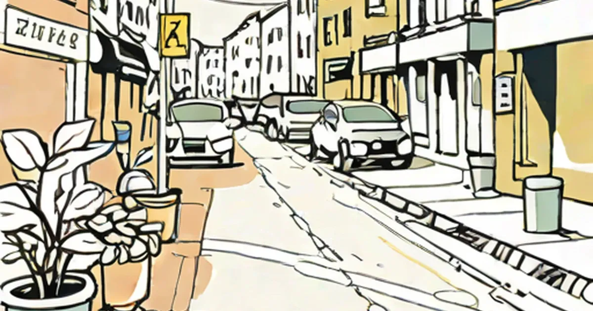 Sketch of an urban street with parked cars and multi-story buildings