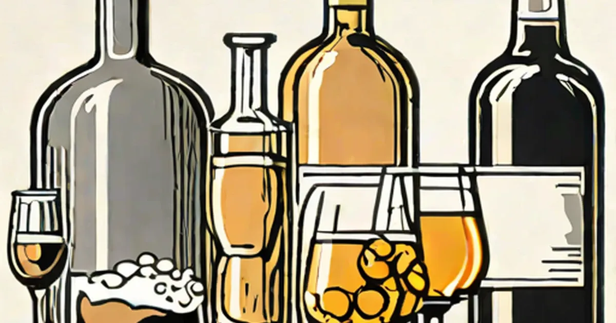 Wine bottles, spirit bottles, glasses containing drinks, and grapes illustrated