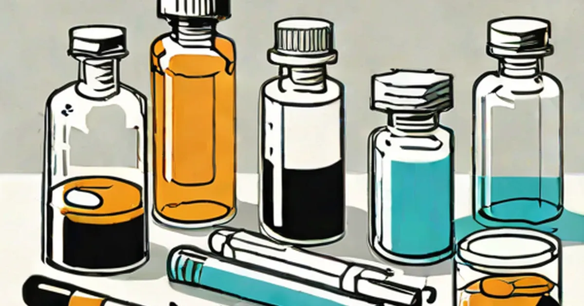 Various pharmaceutical containers and syringes with colored liquids