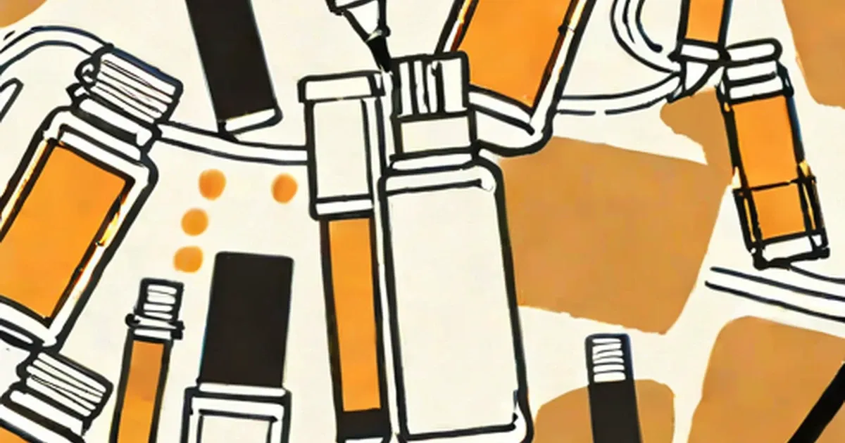 Medical syringes and medicine bottles in black line-art style with orange accents