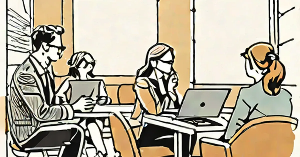 People in sunglasses work at desks with laptops and tablets