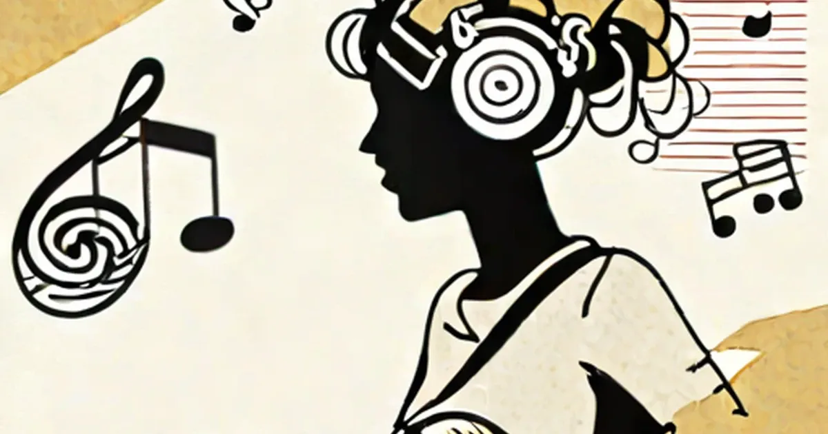 Head silhouette with musical notes and concentric circles representing the brain