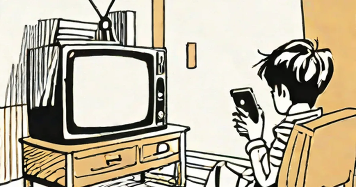 Child with smartphone sitting beside vintage television