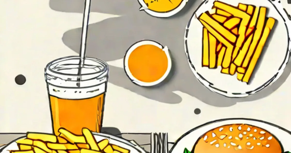Fast food items including fries, soda, sauce, and burger