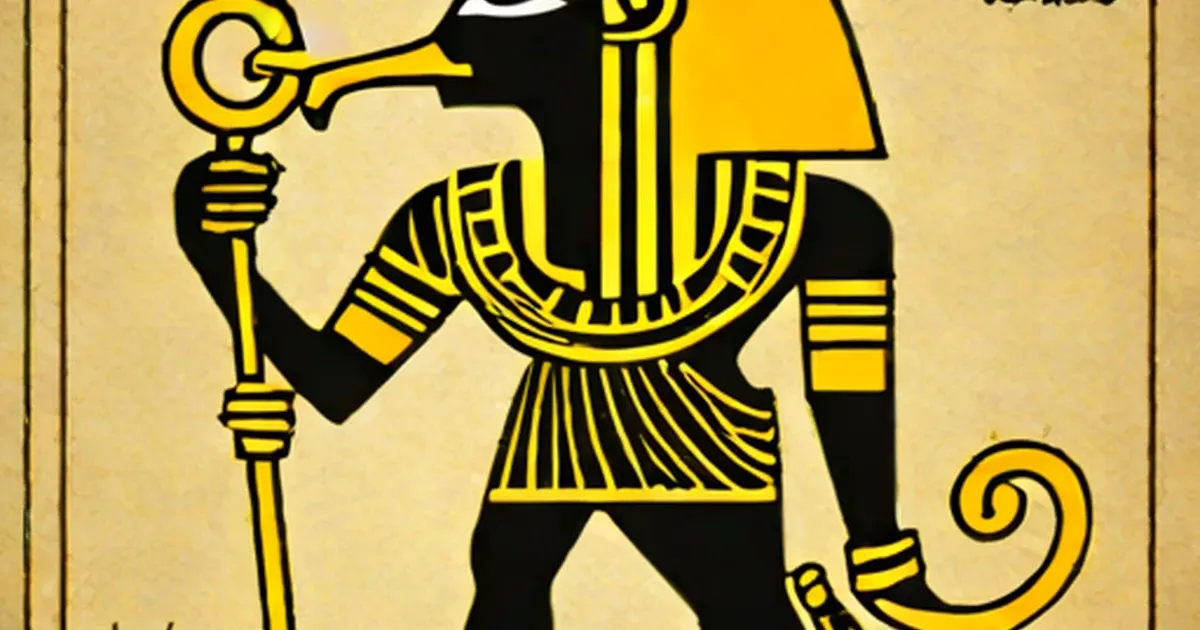 Figure with falcon head wearing pleated kilt and holding scepters