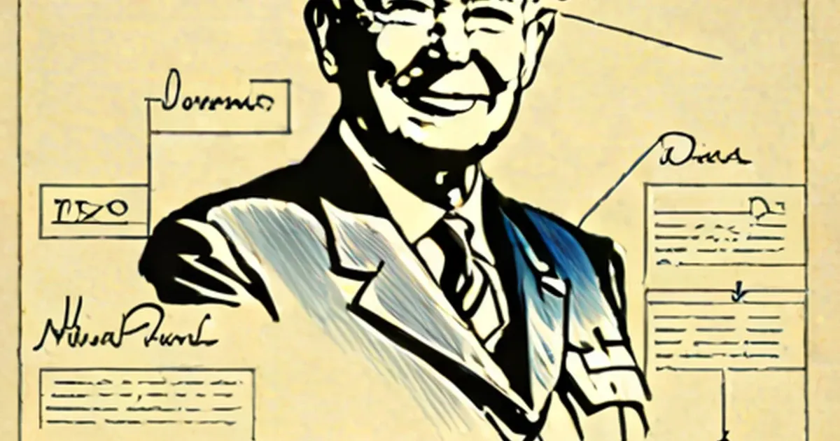 Vintage diagram of Eisenhower with labeled boxes for NATO, Dulles, and policy papers