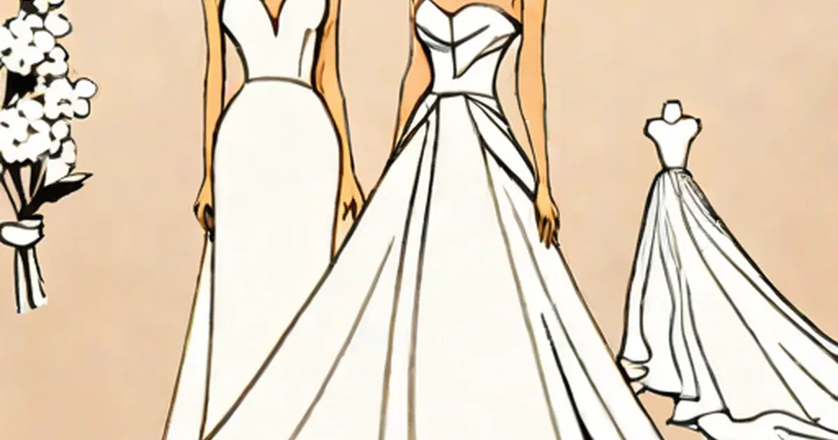 Three white bridal gown sketches with gold accents and a flower bouquet