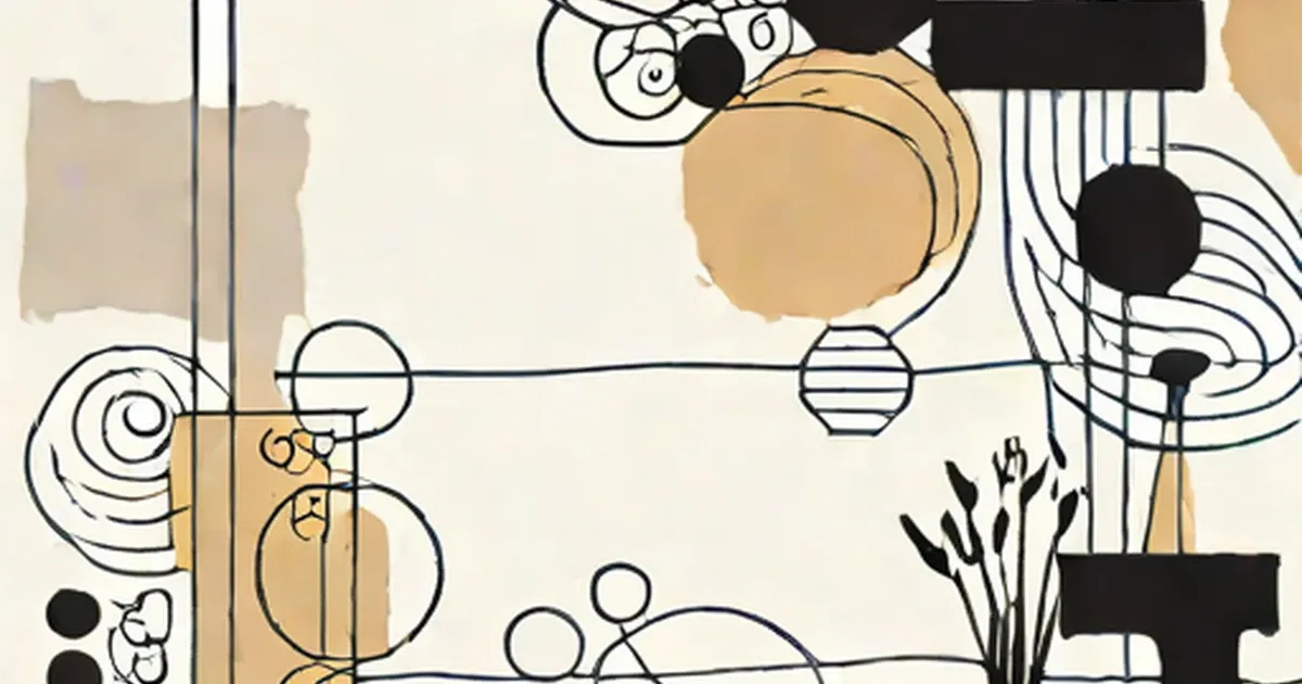 Abstract composition with circles, lines, curves, spirals, and organic shapes in black, tan, and cream