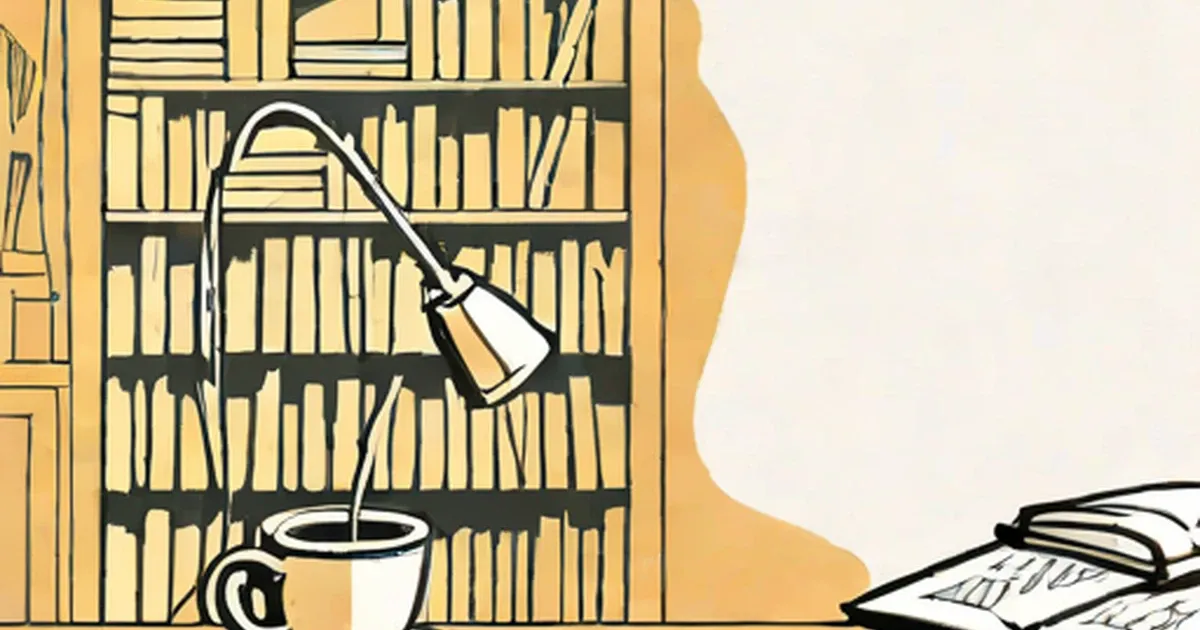 Desk lamp illuminating a bookshelf filled with books next to coffee and papers