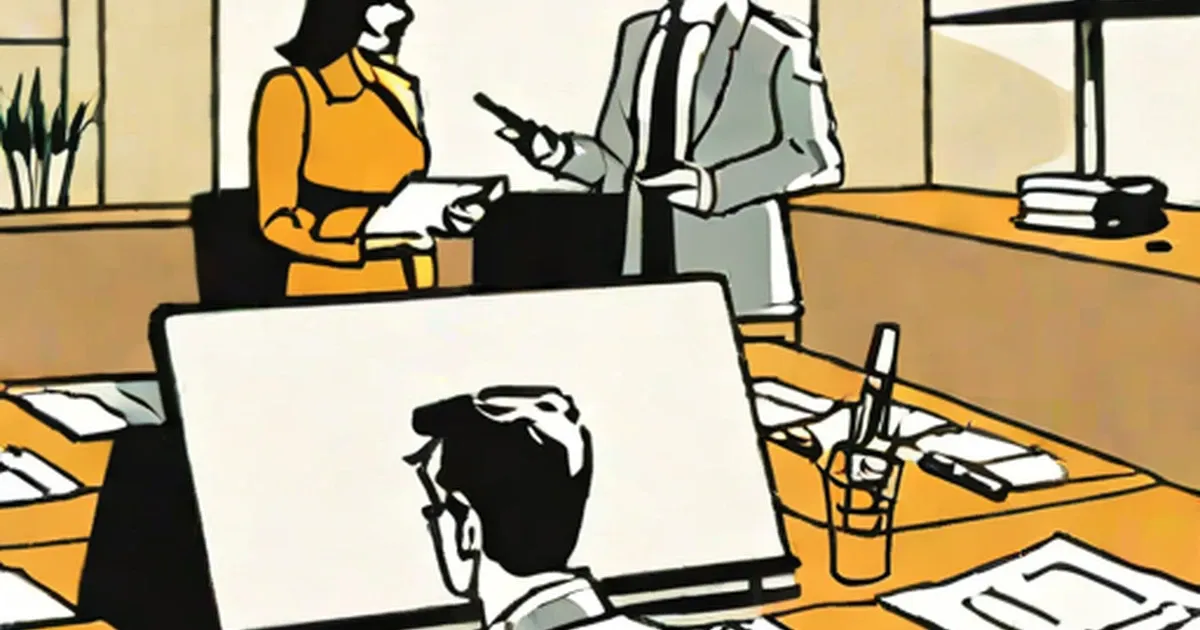 Professionals around a conference table with a laptop and documents