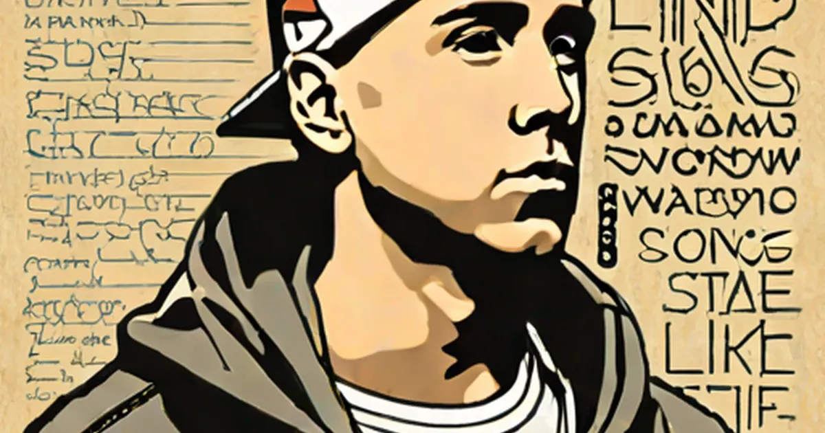 Pop art portrait of Eminem in profile wearing a beanie surrounded by song titles