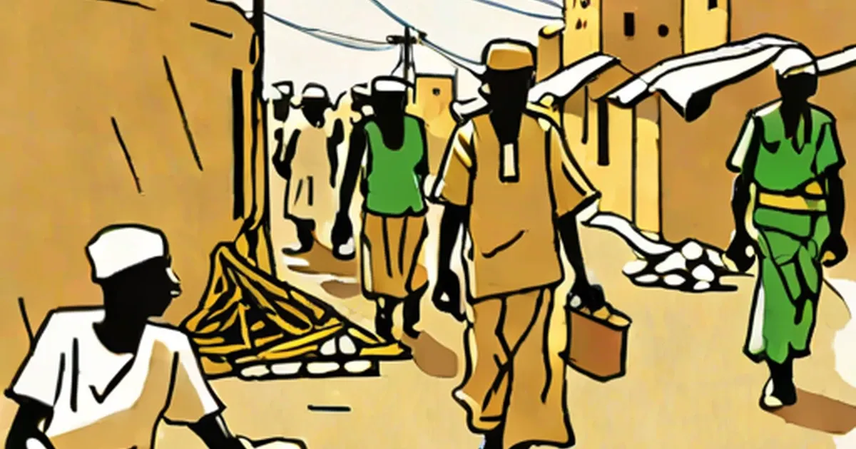 Illustration of a refugee camp with people and simple structures in an arid landscape