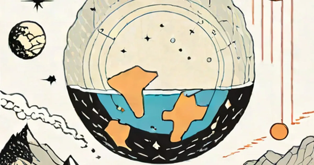 Cross-section of Earth showing interior layers, surrounded by stars and cosmic imagery