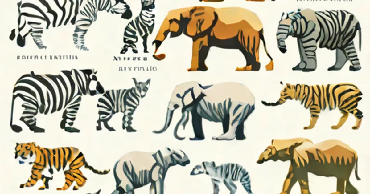 Illustrated zebras, elephants, tigers, and rhinoceroses in soft colors