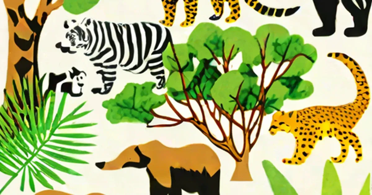 Colorful flat illustration of rainforest animals including jaguars, zebra, and monkey