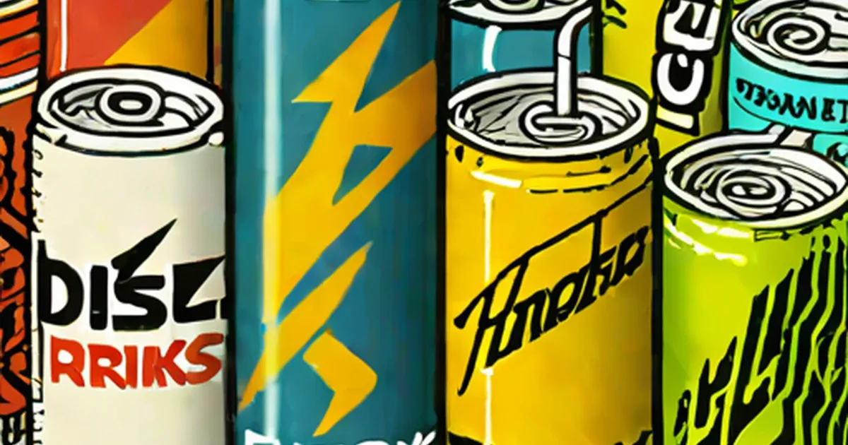 Colorful illustrated energy drink cans with bold text and lightning bolt designs