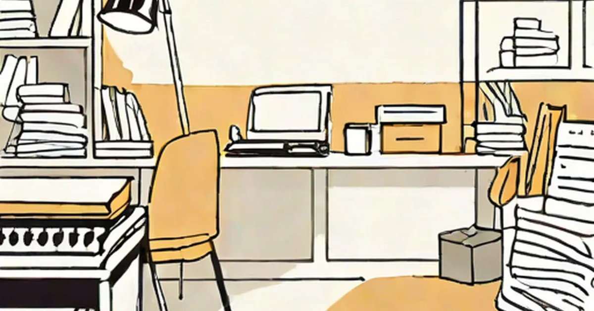 Illustrated home office with desk, laptop, and stacks of books