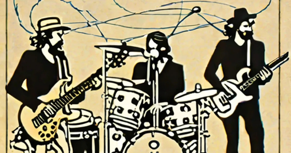 Retro-style illustration of Enigma band with silhouetted members and instruments