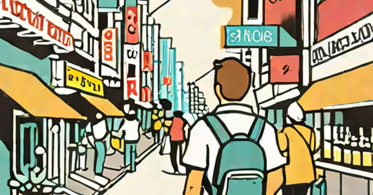 Illustrated Asian city street with colorful storefronts and neon signage
