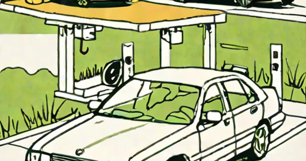 White car at an electric charging station with a leaf symbol
