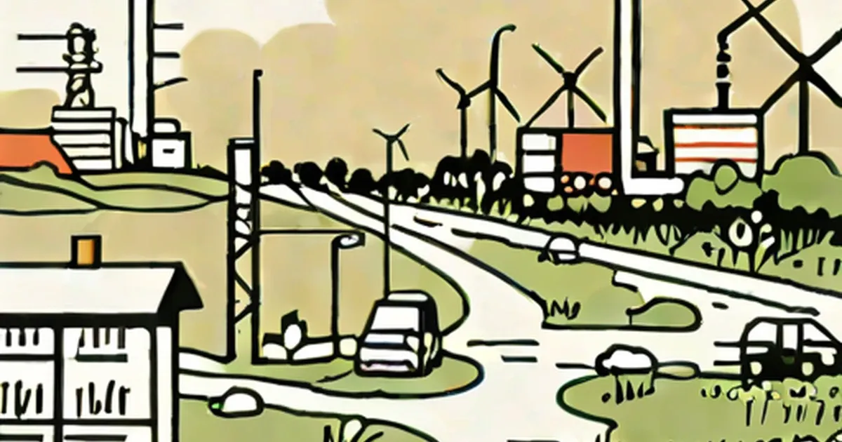 Industrial complex with smoking chimneys, power lines, wind turbines, and vehicles