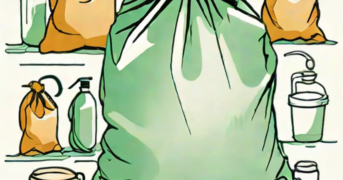 Plastic bags, bottles, and cups surrounding a green figure