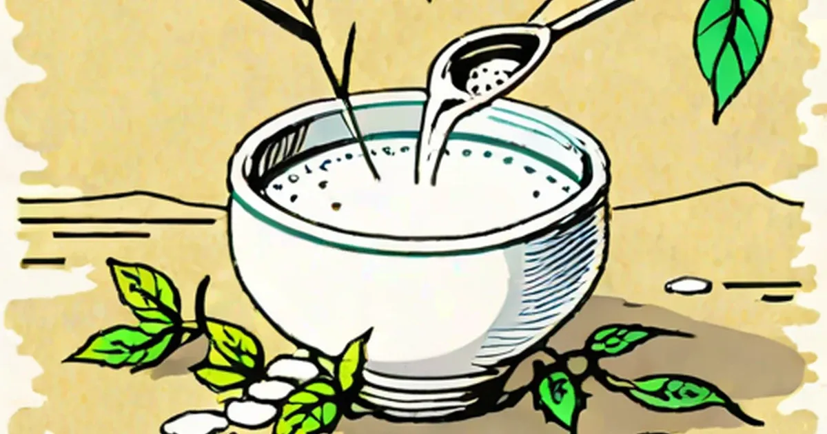 Epsom salts being poured from a shaker into a bowl with plants nearby
